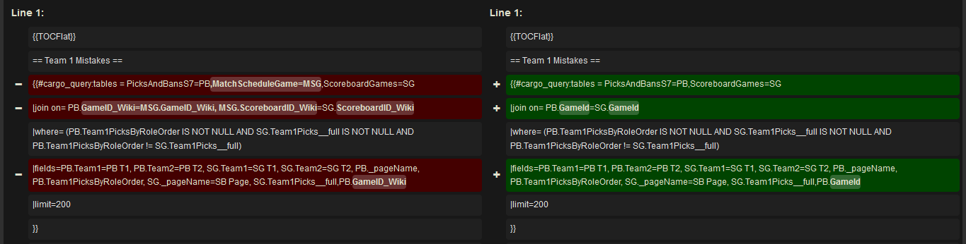 A screenshot of a diff of a Cargo query
