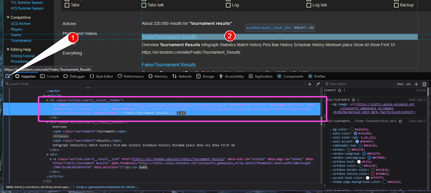 A screenshot demonstrating where to hover a link to find it in the inspector