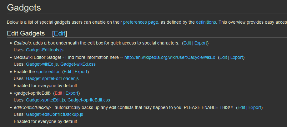 Screenshot of view at Special:Gadgets on Leaguepedia