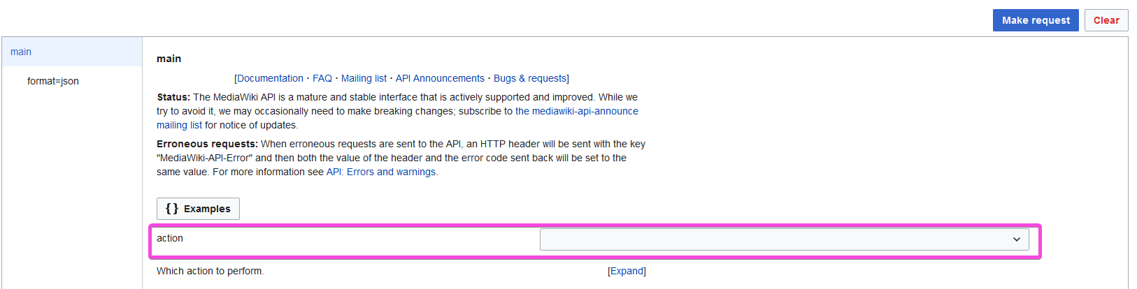 Screenshot of Action input box