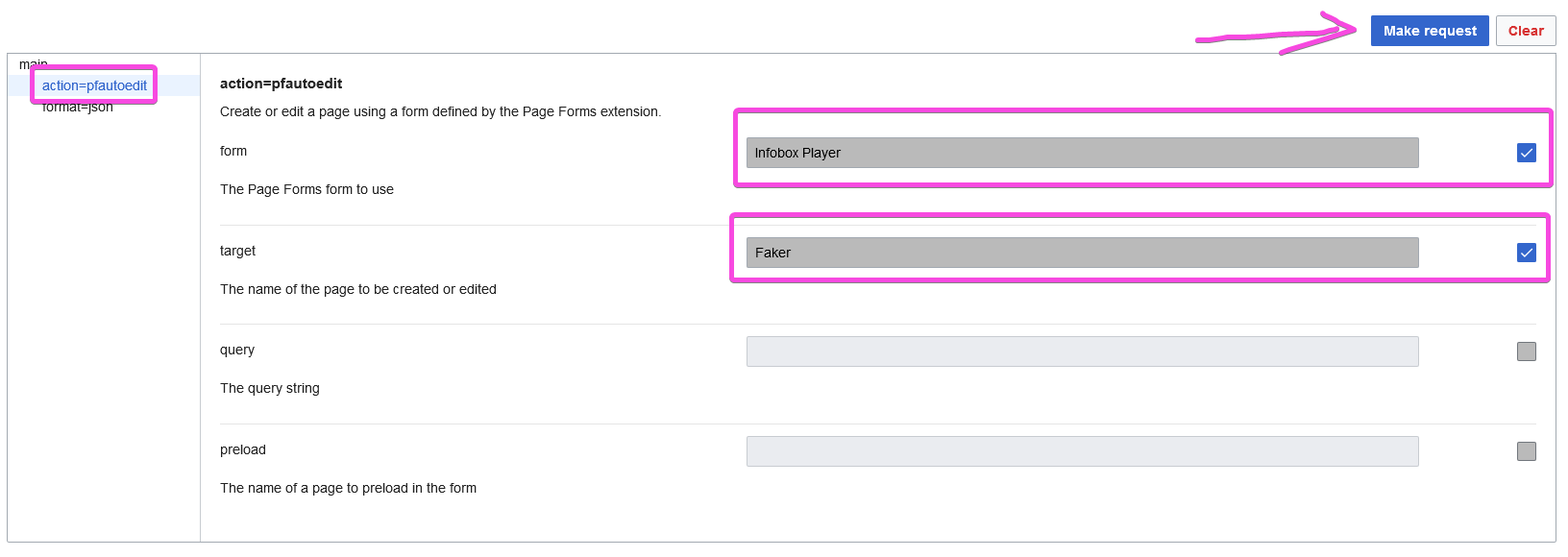 Screenshot of pfautoedit action tab filled in with form = Infobox Player and target = Faker