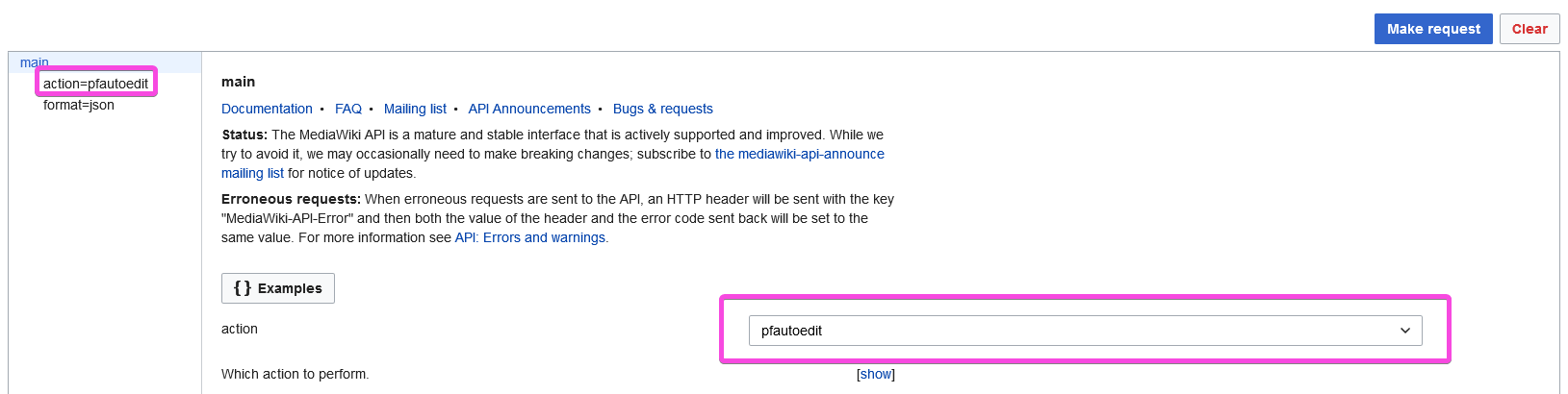 Screenshot of Action input box with pfautoedit selected