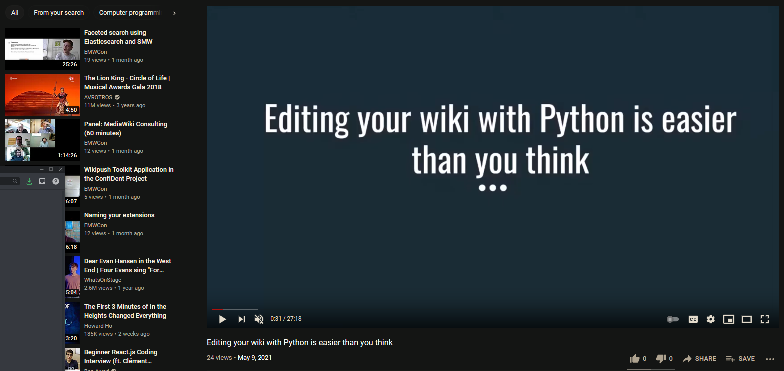 A screenshot of my Discord client overlapping YouTube, with row-reverse