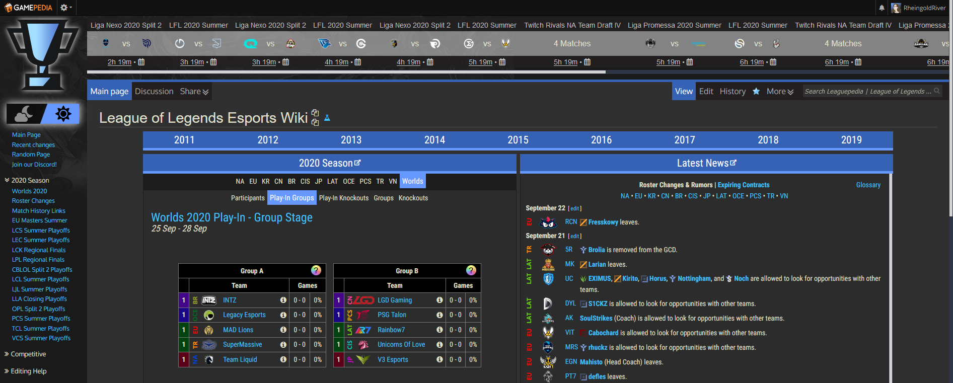 The front page of Leaguepedia